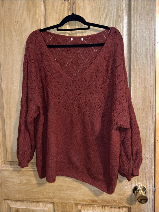 Sweaters - Women's V-Neck Open Knit Sweater - Rust size large but fits XL
